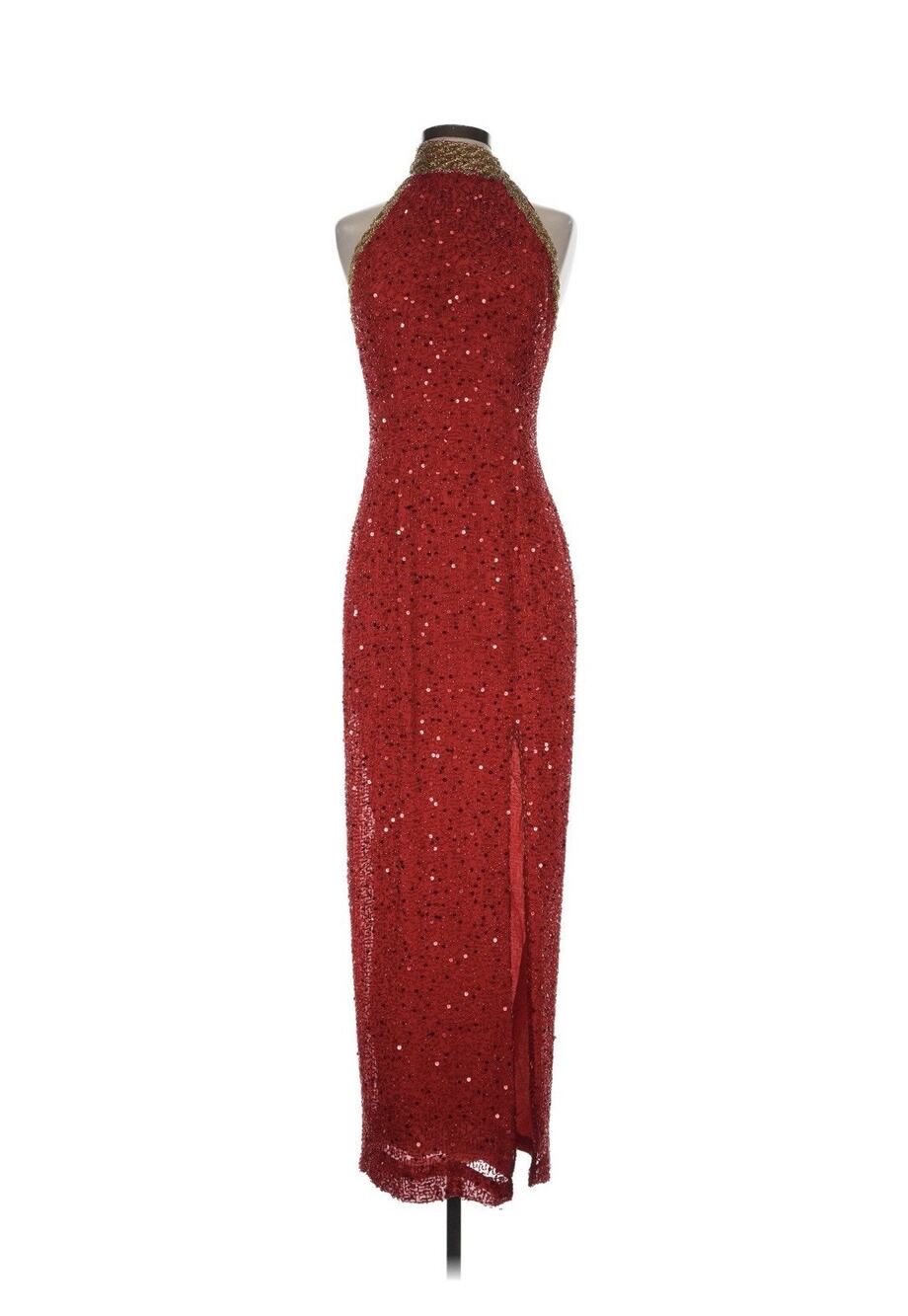 Oleg Cassini Black Tie Red Gold Sequin Open Back Gown Silk Jessica Rabbit 4
